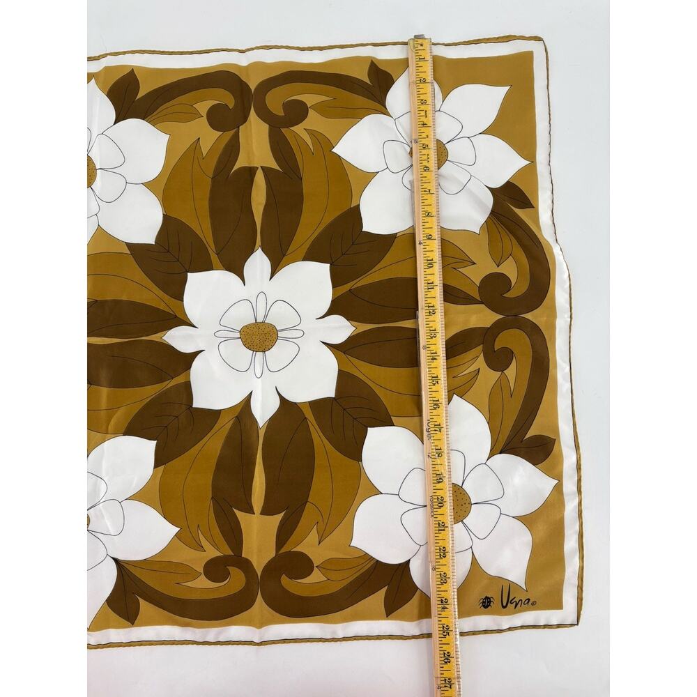Vintage Uena Scarf Womens Brown White Floral Blossoms Square Silk Retro Sheer - Picture 6 of 9
